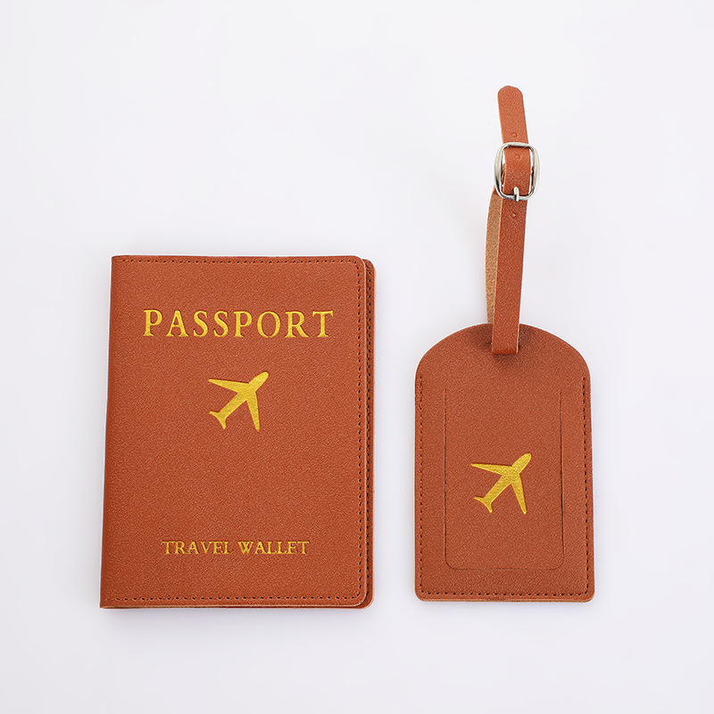 2Pcs/Set PU Travel Passport Cover Luggage Tag Suitcase Identifier Label Baggage Boarding Bag Tag Name ID Address Passport Holder: Brown