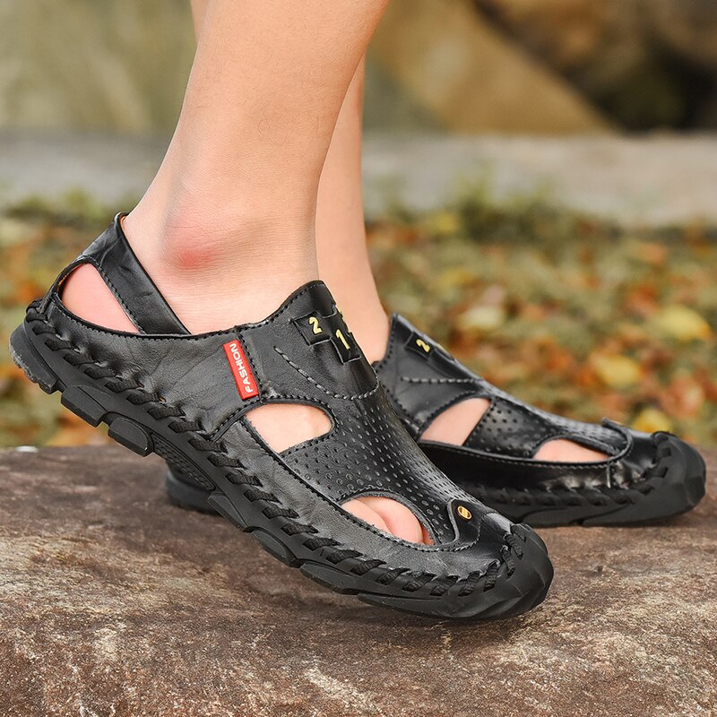 hommes chaussures d'été en cuir bout fermé sandales plates en plein air espadrilles décontractées
