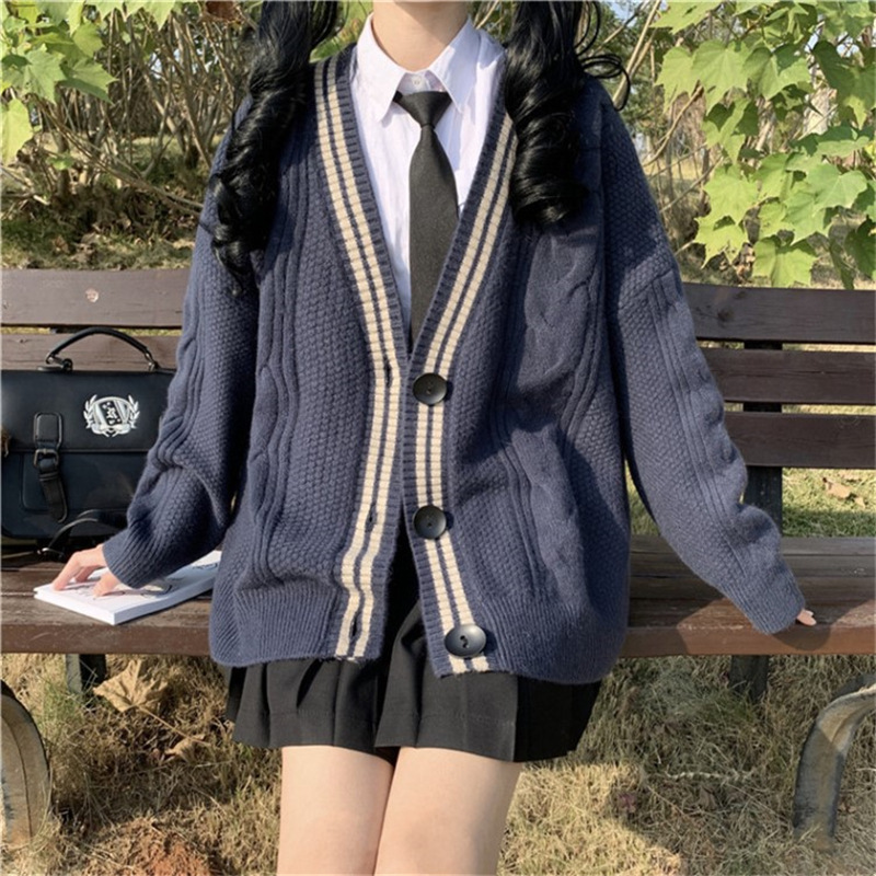 Japanese Korean School Uniform for Girls Autumn Winter College Style Loose Knitted Cardigan Solid Color Sweet Coat 2022: Color2