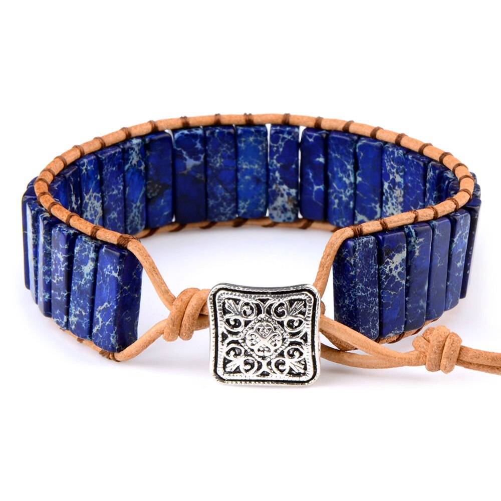 Chanfar – Bracelet en cuir de gemme naturel multicolore, Style tibétain gitane perlé réglable pour hommes et femmes: Navy blue