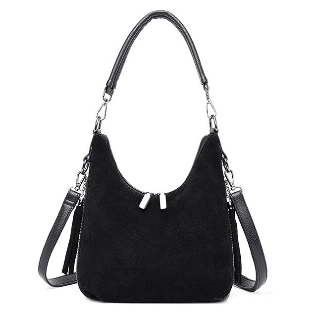 Ladies Suede Leather Hand Bags Luxury Handbags Women Bags Tassel Crossbody Bags for Women: Black