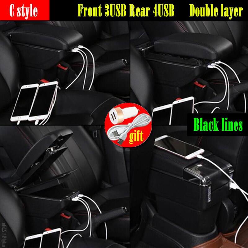 Draaibare Armsteun Doos Voor Renault Dacia Duster 2 Centrale Console Opbergdoos Bekerhouder Pu Lederen Usb: C style black line