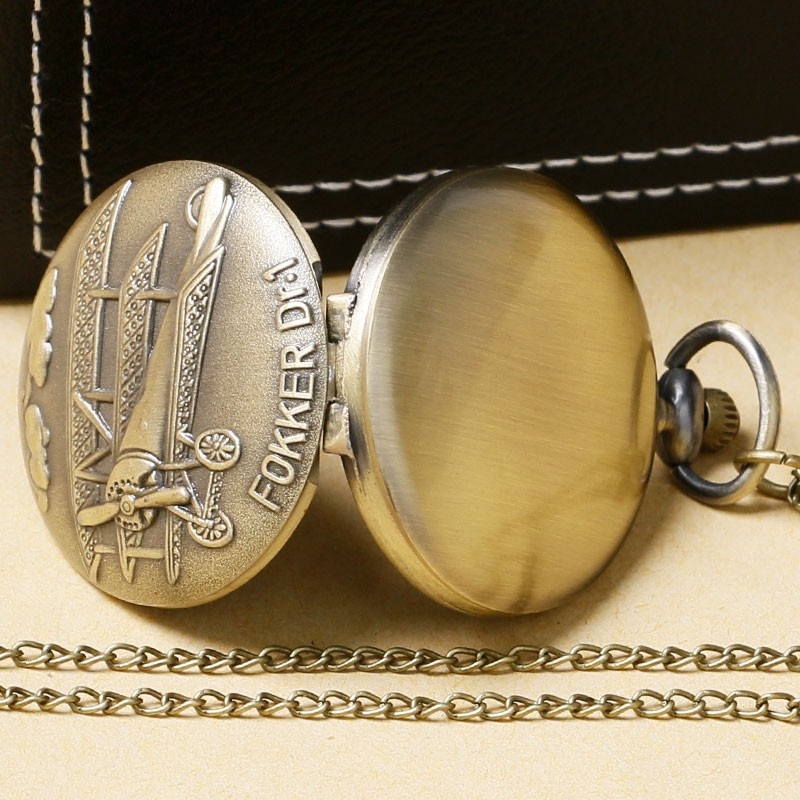 Vintage Bronze Fokker Dr.1 sculpture 3D aircraft Pattern Small Quartz Pocket Watch Necklace Pendant Men Women