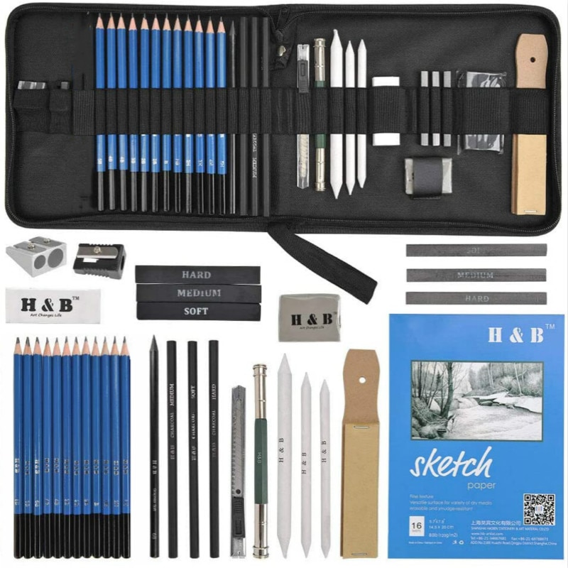 35pc Drawing Sketching Pencil Set, Sketch Set in Carry Case, Art Supplies Drawing Kit Graphite Charcoal Stick Tool