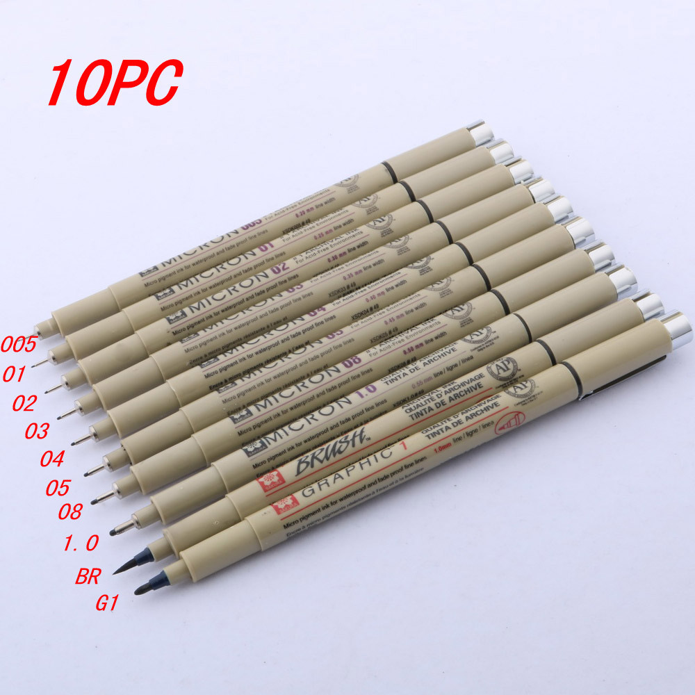 12pc pigmentforing mikron blækmarkør pen forskellige tip maleri sort fineliner tegning tegning pen kontorartikler: 10pc