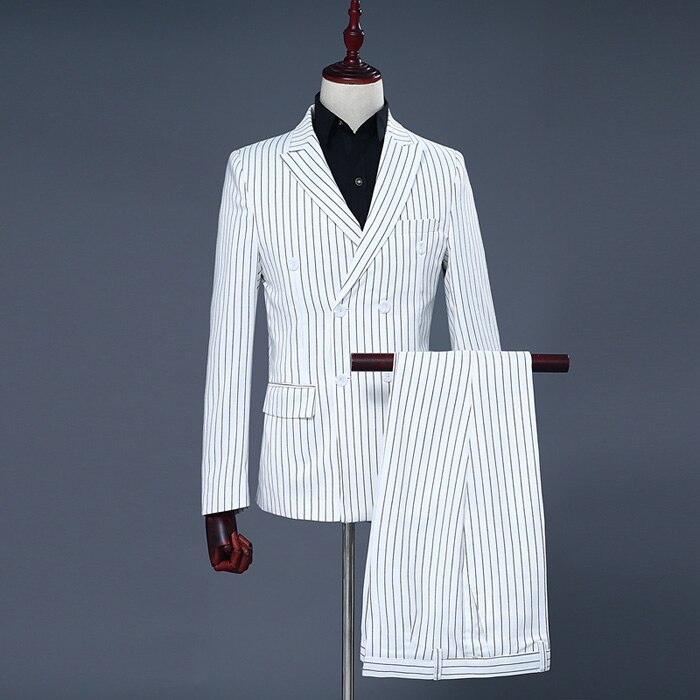 Costume croisé rayé blanc pour hommes, Costume 2 pièces (veste + pantalon), pour marié, de mariage,: L