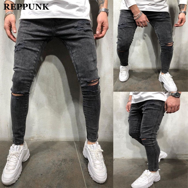 Mænd skinny jeans revet hul biker denim blyant bukser grå stram ødelagt flosset pasform slanke streetwear mandlige bukser
