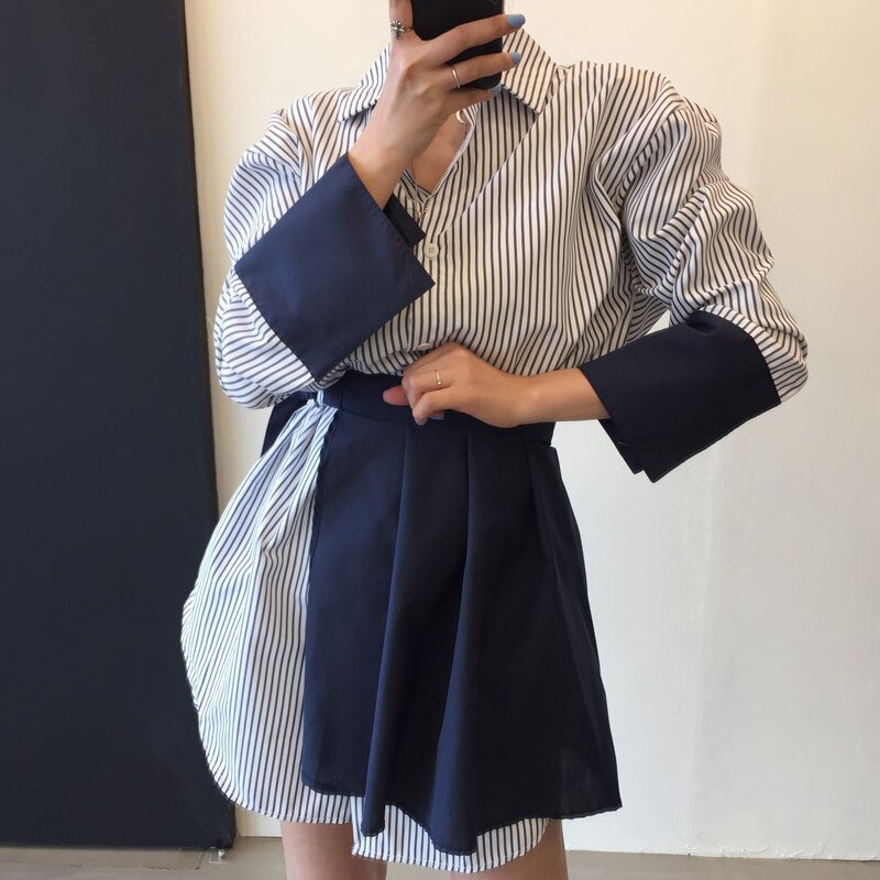 Superaen koreaanse stijl turn-down kraag enkelrijs losse contrasterende kleur volle blouse gestreepte jurken dames