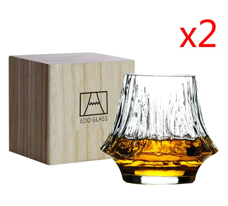 Japansk konst vulkan vinglas konstverk trälåda whisky tumbler mt. fuji mountain oregelbundna brandy snifter cup: 2 x presentaskglas