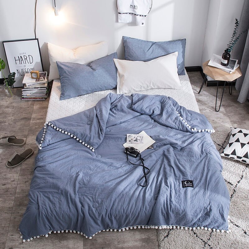 Sommer Decke Frische Rosa Patchwork Decke NäHenne Kleine Kugeln Bettdecke Weiche Bettdecke Solide Bett Abdeckung: Blau / 200x230 cm