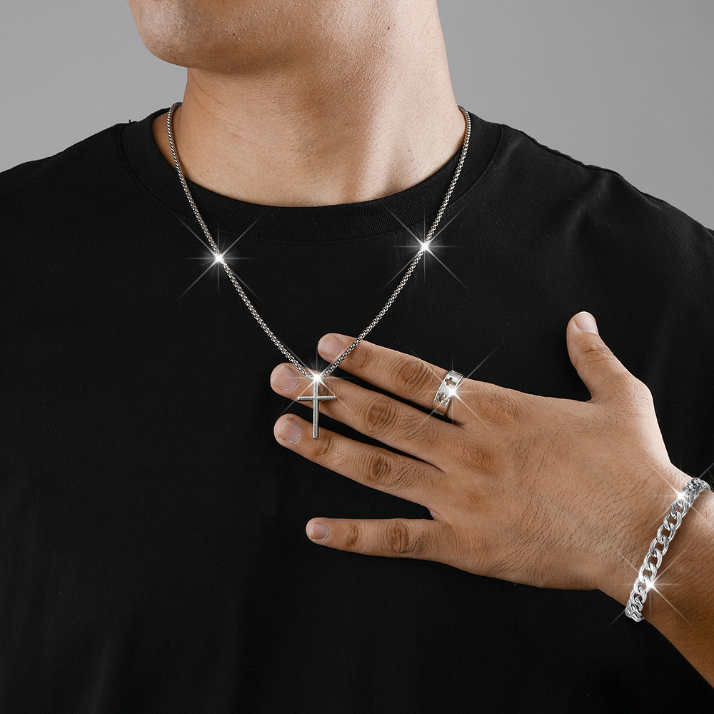 3 piezas hombres personalidad Simple negro acero inoxidable no se decolora Cruz collar anillo pulsera conjunto Accesorios: Plata antigua plateada