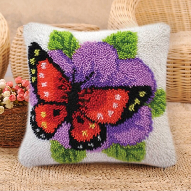 Gør det selv blomster sommerfugl segment broderi pude planter groft uld korssting låsekrog tæppe broderi låsekrog tæppesæt