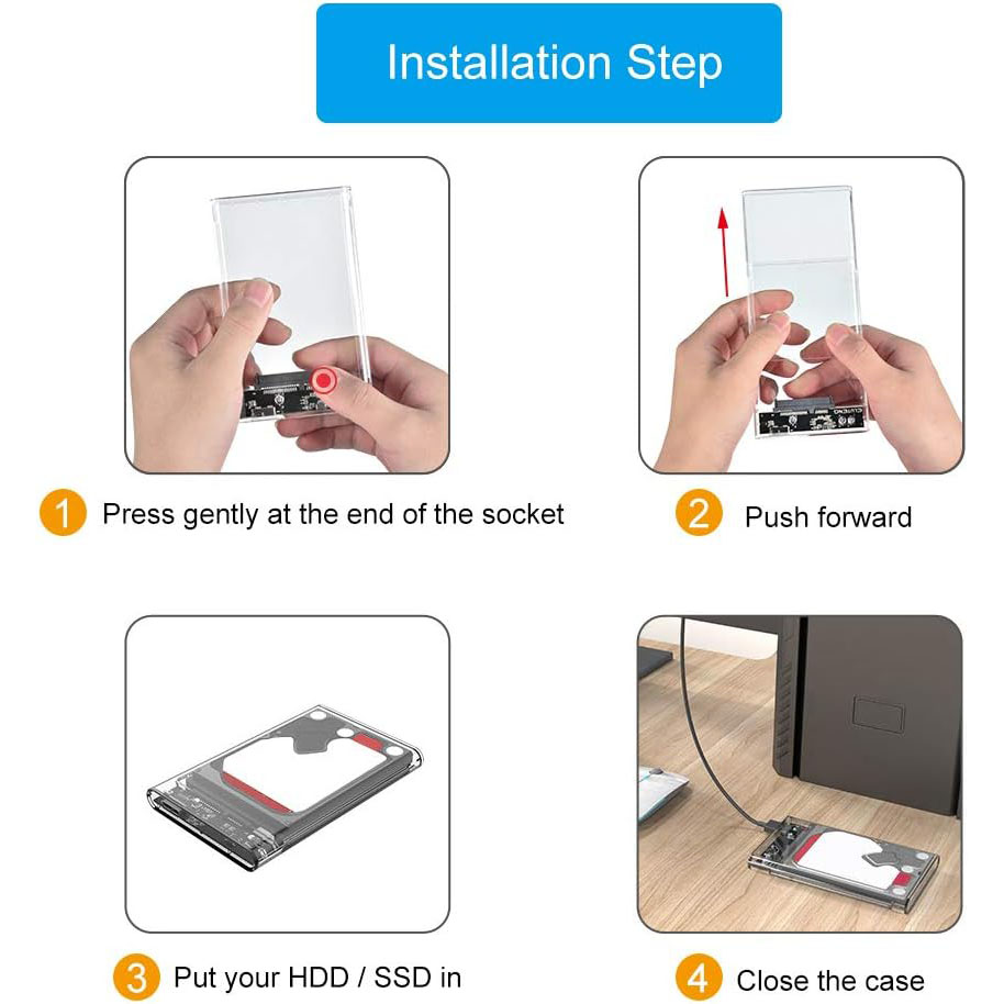 USB 3.0 2.0 Externes Festplattengehäuse 2,5 Zoll SATA zu USB3.0 UASP Klare tragbare Festplattengehäuse 2T HDD Werkzeugfrei Transparent