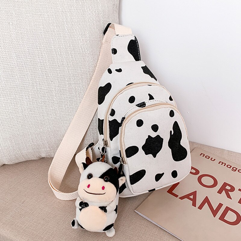 Bolso con estampado de vaca para mujer, bandolera pequeña de lona coreana, bolsos Unisex de para niñas: Blanco