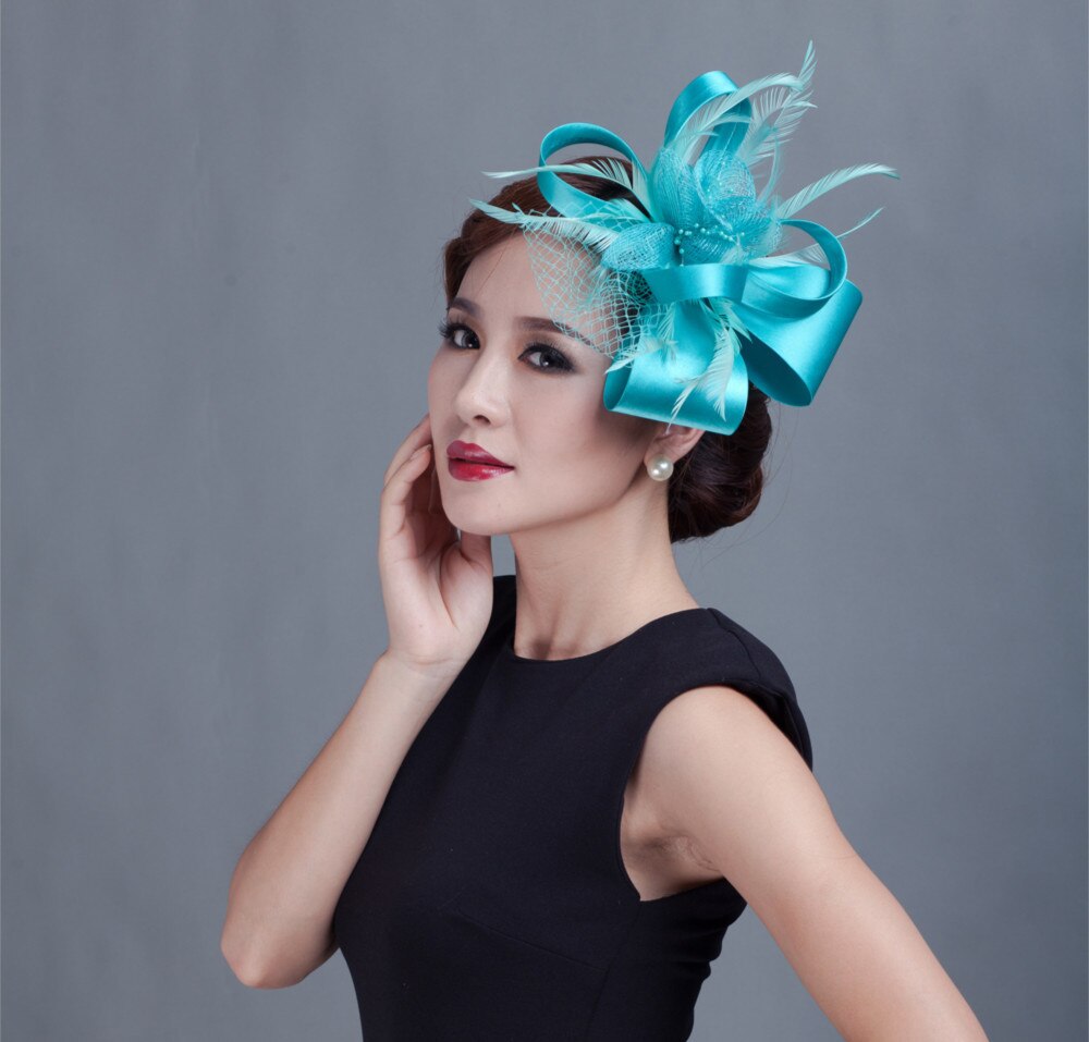 Women Cocktail Chic Fascinator Hat Church Headpiece Wedding Headwear Lady Party Formal Hair Accessories: bluegreen