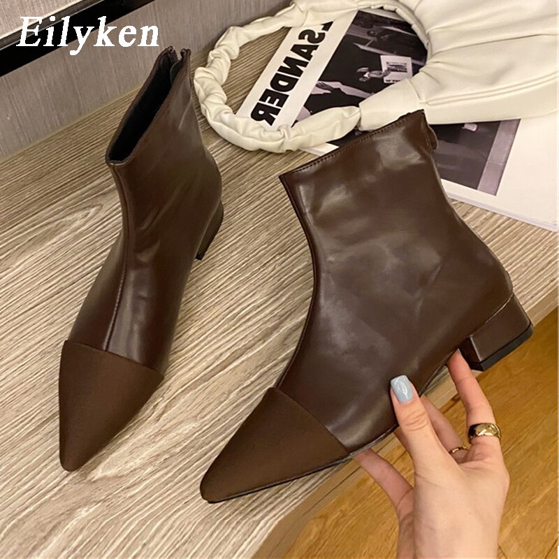 Eilyken kvinnor låg hög klack chelsea boot ankelstövlar med spetsig tå dragkedja fasta platåskor kvinnlig stövel: Brun / 36