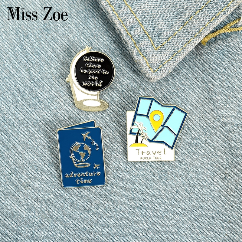 Reisenden Emaille Pins Benutzerdefinierte Karte Globus Passport Brosche Revers Pin Hemd Tasche Abzeichen Welt Abenteuer Tour Schmuck für Freunde