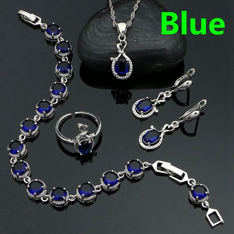 Weiß Topas Schmuck einstellen Silber 925 Offenen Ring Ohrringe Armbinde Kette Anhänger Klassische Hochzeit Zubehör für Frauen: Blau