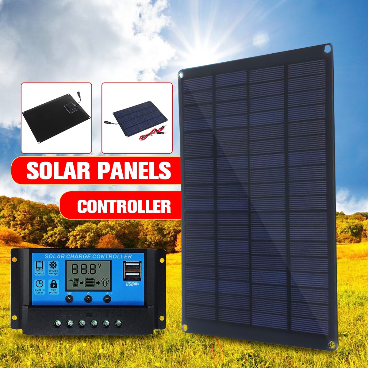 20w 18v solcellepanel med batteriklips +10/20/30/50a solcelleladerregulator solceller til udendørs camping vandreture bærbare