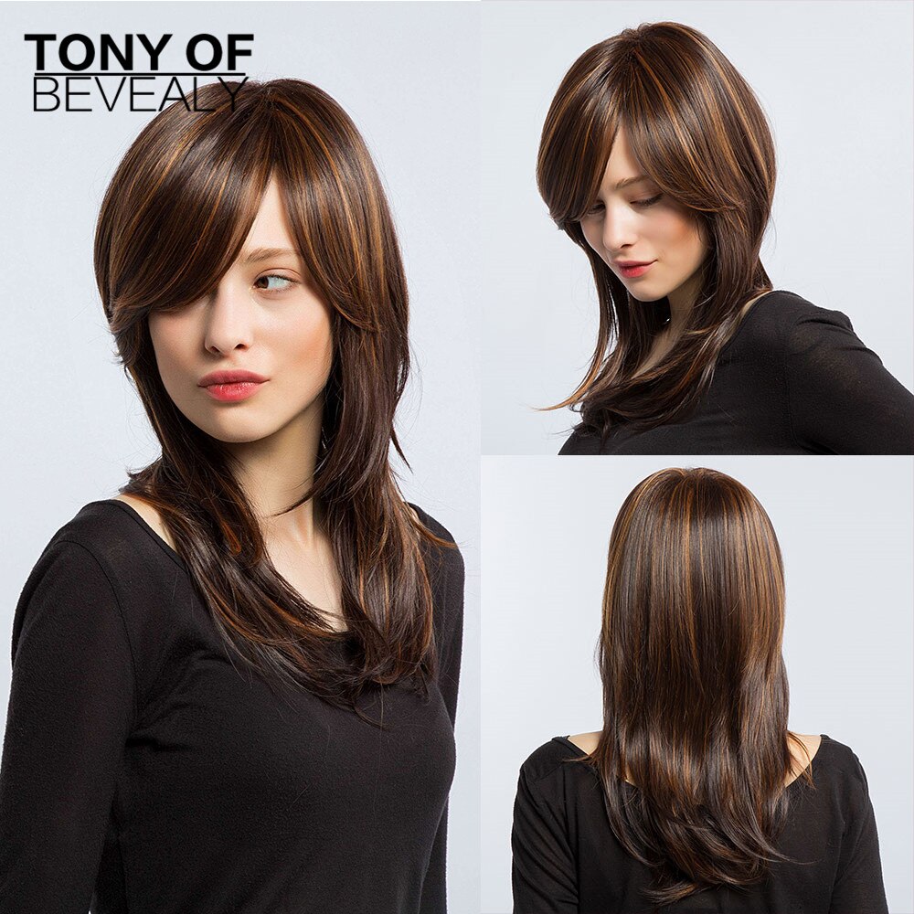Pelucas de pelo largo liso ombré marrón ceniza Lolita parte lateral para mujeres Afo pelucas de pelo Natural para uso diario pelucas sintéticas resistentes al calor: lc101-1
