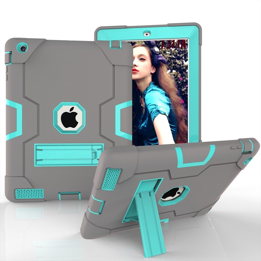 For Apple iPad 2 3 4 A1458 A1459 A1460 A1416 A1397 Case Shockproof Kids Safe PC Silicon Hybrid Stand Full Body Tablet Cover: Grey - Aqua