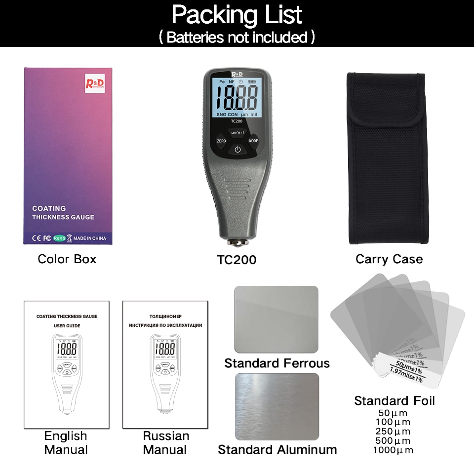 R &amp; D TC200 Jauge D'épaisseur De Revêtement 0.1um/0-1500 Voiture Peinture Testeur D'épaisseur De Film Mesure FE/NFE Russe Manuel Outil De Peinture Gris