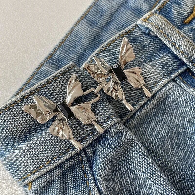 Botón de cintura con lazo para apretar, hebilla de cintura ajustable en forma de estrella y flor, sin costura, broche para pantalones, alfileres de fijación para pantalones vaqueros reutilizables: Verde esmeralda / Color amarillo dorado claro