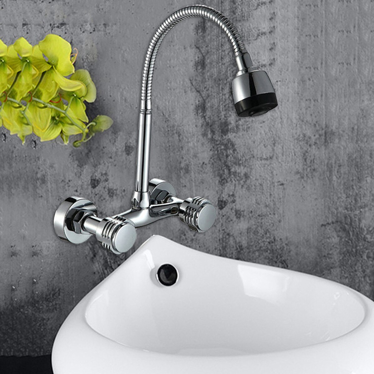 Wall Mounted Flexible Faucet Double Handle Single Hole Bathroom Sink Washbasin Water Mixe Tap Cold Water Kitchen Faucet