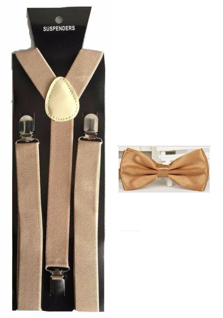 Men's Adult Matching Suspenders Braces & Pre-Tied Bow Tie Combo Sets Fancy Costume: Beige