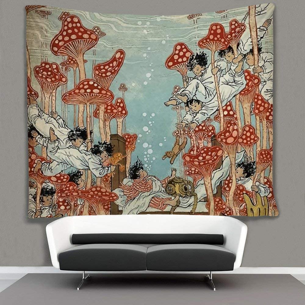 Hippie Art Cute Children and Red Mushroom in Water Tapestry Wall Hanging