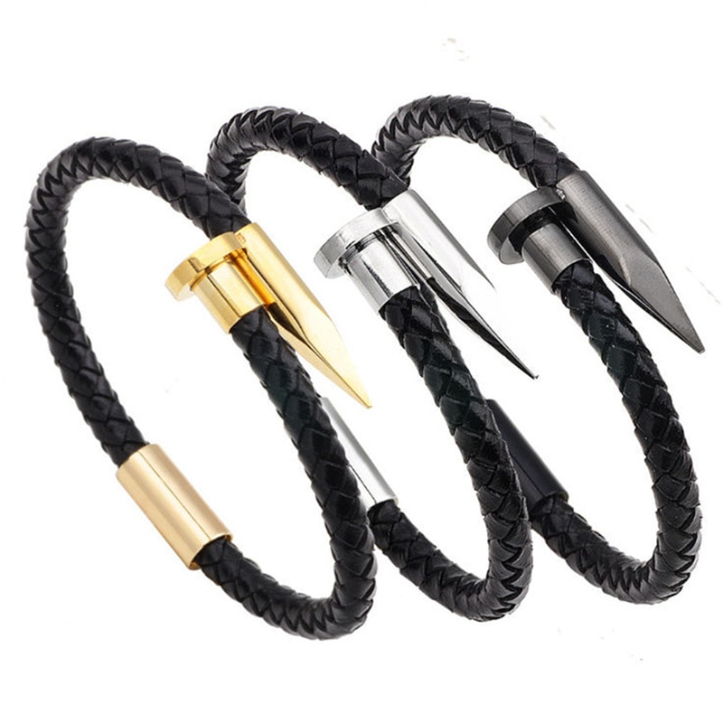 Sort læder reb rustfrit stål søm armbånd til kvinder mænd charm mandlige armbånd