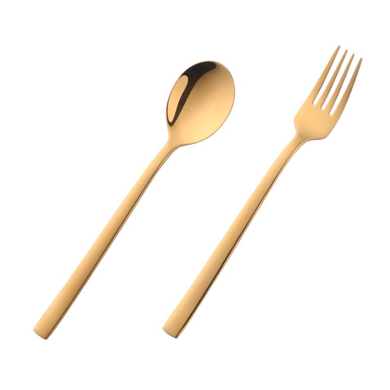 2PC Korean Spoon and Fork Set Stainless Steel Soup Spoon Blue Dinnerware With Long Handle Metal Gold Spoon And Fork: Gold 1 Set