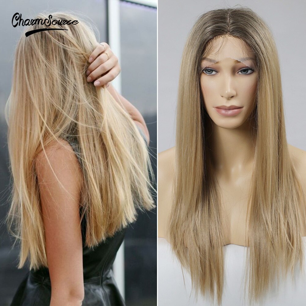CharmSource Long Brown Root Ombre Blonde Wig Straight Lace Part Synthetic Wigs for Women Daily Hair High Density Heat Resistant: BL66027-2