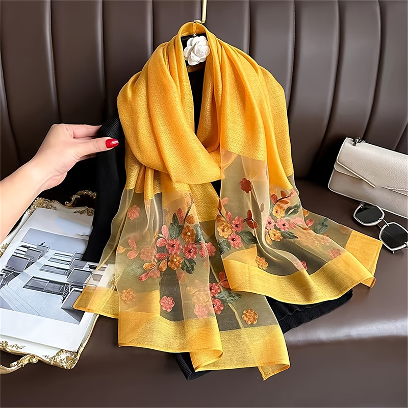 Bufanda de lana de seda para mujer, Hijab bordado Floral, Foulard femenino, chales Pashmina finos para primavera y verano, Bufanda, pañuelo para la cabeza, estolas: Oro