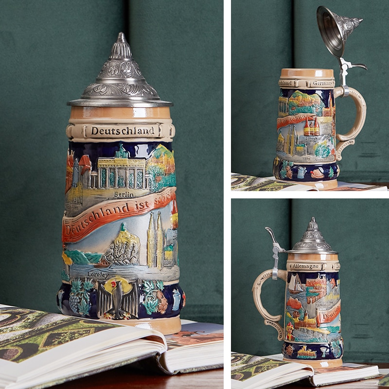 German Beer Stein Mug Large Capacity Retro Ceramic Beer Mugs Handmade Cup Germany Tankard Glass Mug 600ml Best Fathers Mens