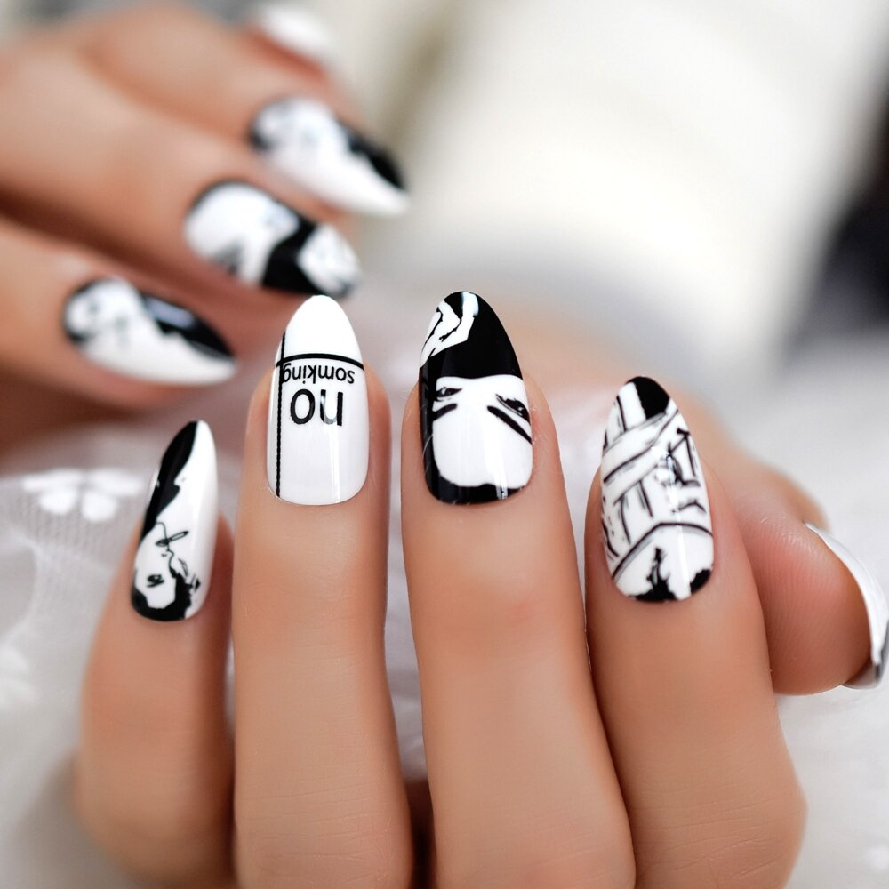 Stiletto bande dessinée fumer blanc faux ongles noir moyen artificiel ongles conseils dessin animé modèle manucure faux ongles