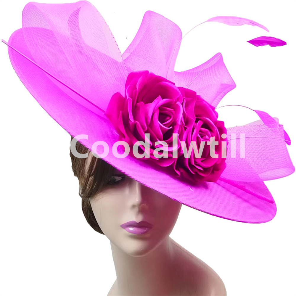Grote Bloem Fascinators Hoed Hoofddeksel Vrouwen Kentucky Kerk Hoeden Dames Derby Veer Pillendoos Fascinator Hoeden: Rose Rood