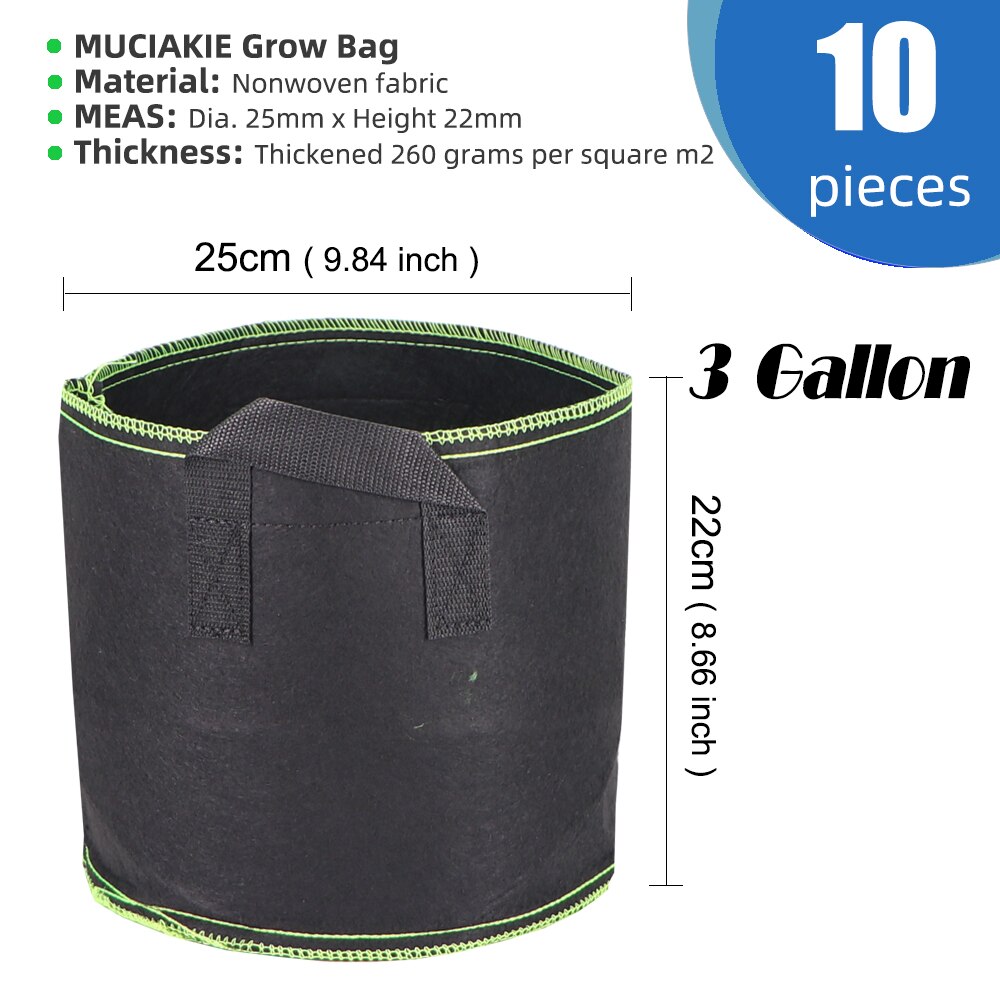 MUCIAKIE 1-20 Gallon 5/10PCS Grow Bag Fabric Pots Aeration Plant Growing Bag Planter Container with Handles Heavy Duty Thickened: 3 Gallon x 10pcs