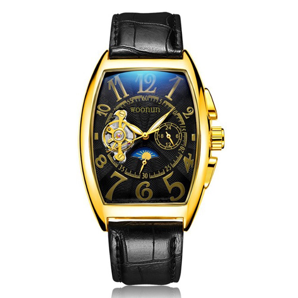 Tonneau ure mænd luksus tourbillon automatiske mekaniske armbåndsure mænd månefase ure relogio masculino: Guld sort