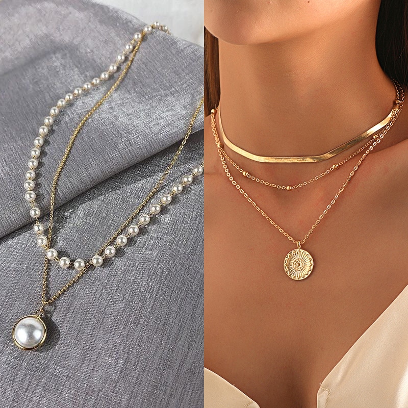 Bohemian Multi Layered Crescent Star Moon Necklace for Women Geometric Necklace Women Pearl Choker Golden Jewelry