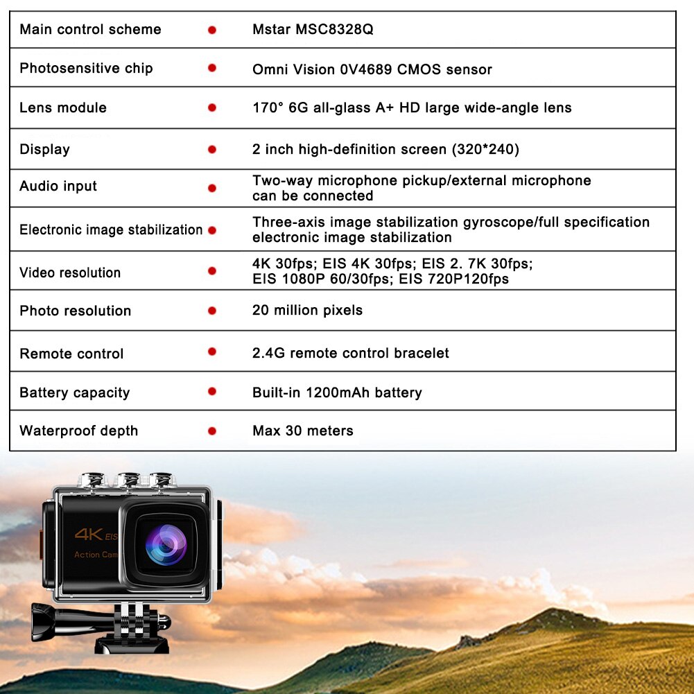 4K Wifi Remote Control Portable Travel Anti Shake ABS Sports Camera Aerial Photography EIS Three Axis APP Support Intelligent