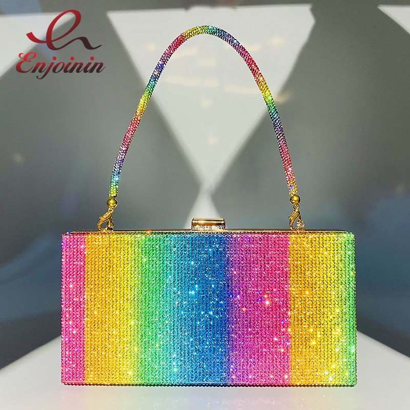 Rainbow Diamond Clutch Bag Party Evening Bag for Women Purse and Handbags Luxury Chain Crossbody Bag Wedding