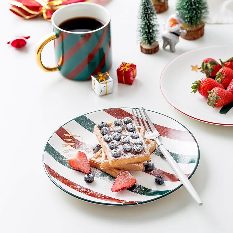 1pc Merry Christmas Ceramic Dinner Dish Plate Set Mug Dessert Cake Pastry Fruit Serving Plate Decorative Tableware