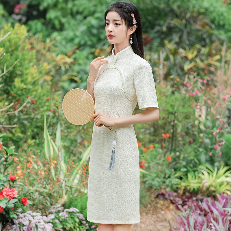 FZSLCYIYI-Qipao largo hasta la rodilla para mujer, Cheongsam de boda, cuello mandarín tradicional, manga corta, hojas de encaje