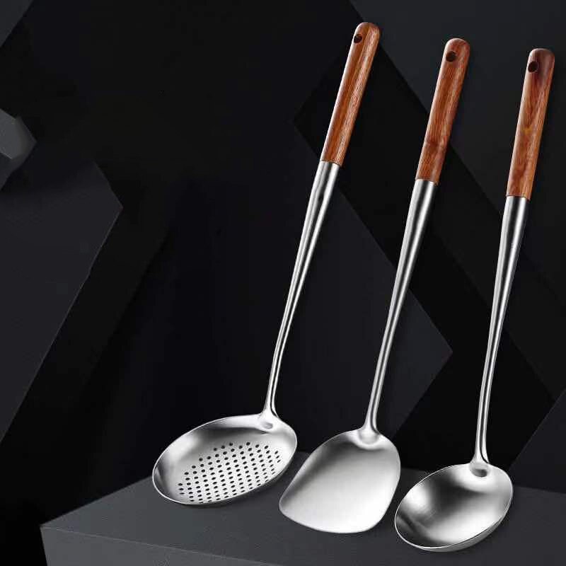 Long Handle Stainless Steel Wok Spatula Skimmer Shovel Kitchen Pot Slotted Turner Rice Spoon Ladle Utensil Set utensilio: 7