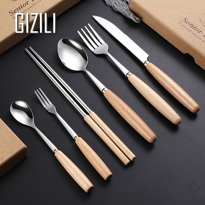 Tableware Stainless Steel Fork Spoon Chopsticks Cutlery Wood Handle Flatware Kitchen Utensils Dinnerware Set 2/3/4Pcs/set