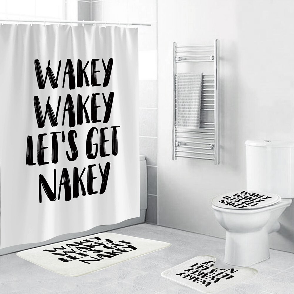 Sjovt badeværelsesmåttesæt med bruseforhæng 'wakey wakey let's get nakey' 4- delt toiletbetræk skridsikkert tæppe til badeværelsesindretning: 4 sæt sæt / 180 x 180cm