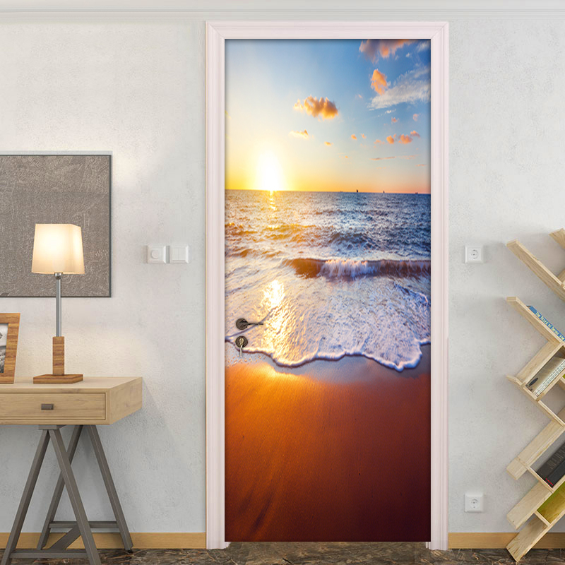 Beach Sunset Seascape Door Sticker Wall Mural Home Decor 3D PVC Waterproof Bathroom Bedroom DIY Self-adhesive Door Sticker: 95x215cm