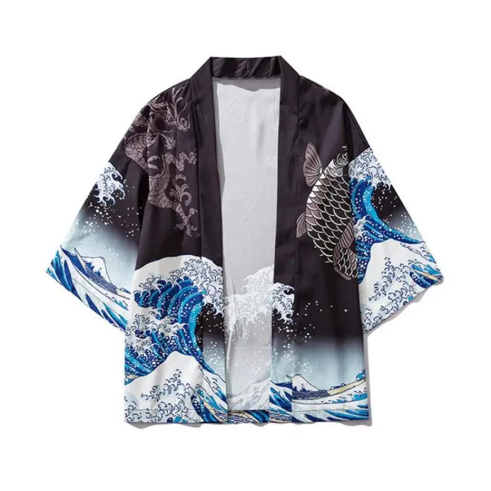 Herre sommer grøn bølget karpemønster kimono cardigan dame japansk traditionelt tøj plus size trykt strandfrakke