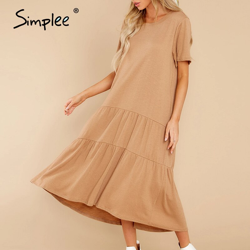 Simplee Aline ethnic soild color loose women dress Summer causel cozy dress for ladies chic female dress